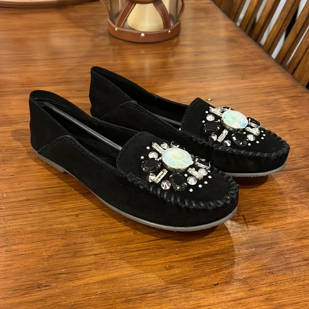 Free People Cherokee Gem Stone Moccasin Shoes Flats Black Suede Womens Size 7